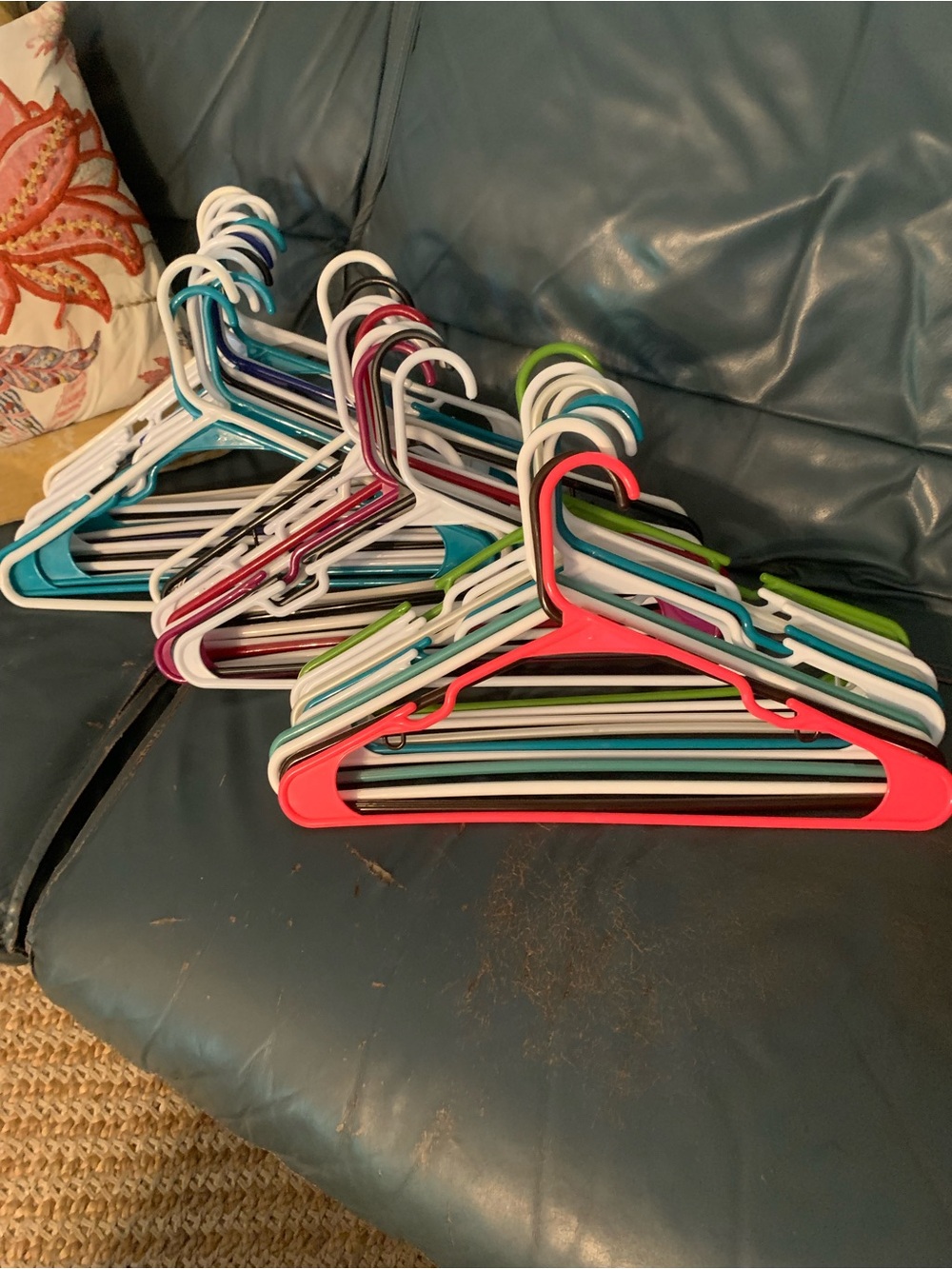 PLASTIC hangers, large assortment of 35, various colors. Approx 16.5 inches wide
